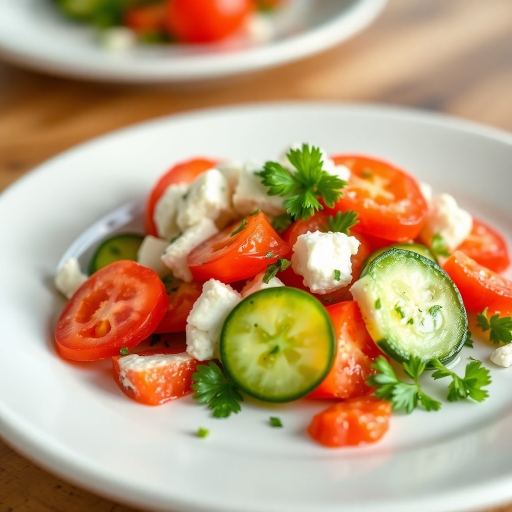 Plated serving of cucumber tomato feta salad on a white plate