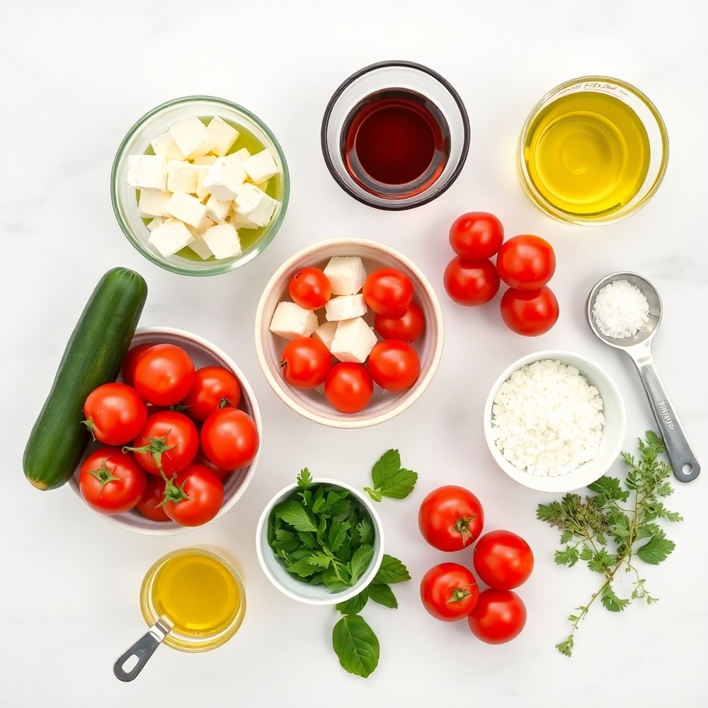 Raw ingredients for cucumber tomato feta salad on a white marble surface