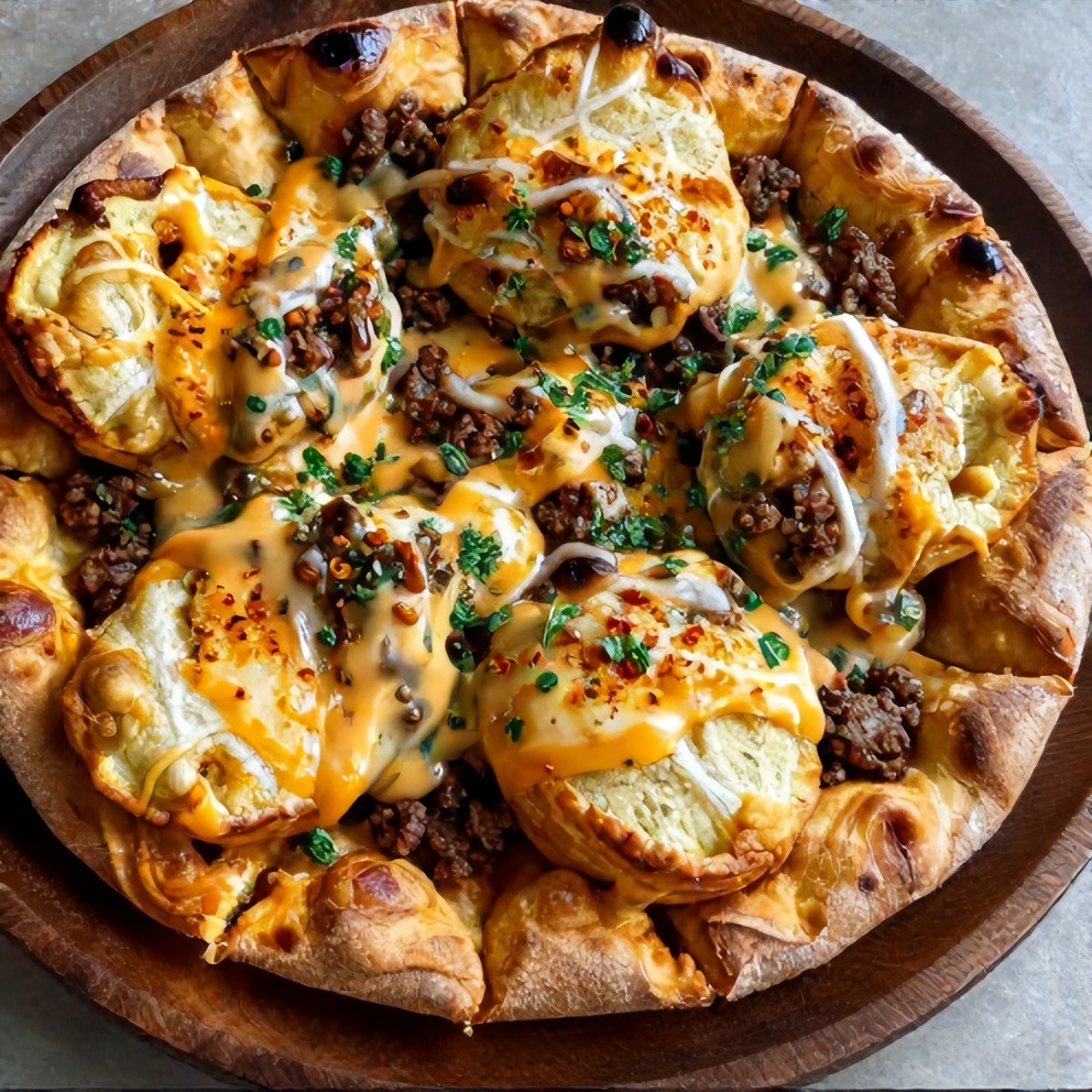 Biscuits and sausage gravy breakfast pizza on a plate