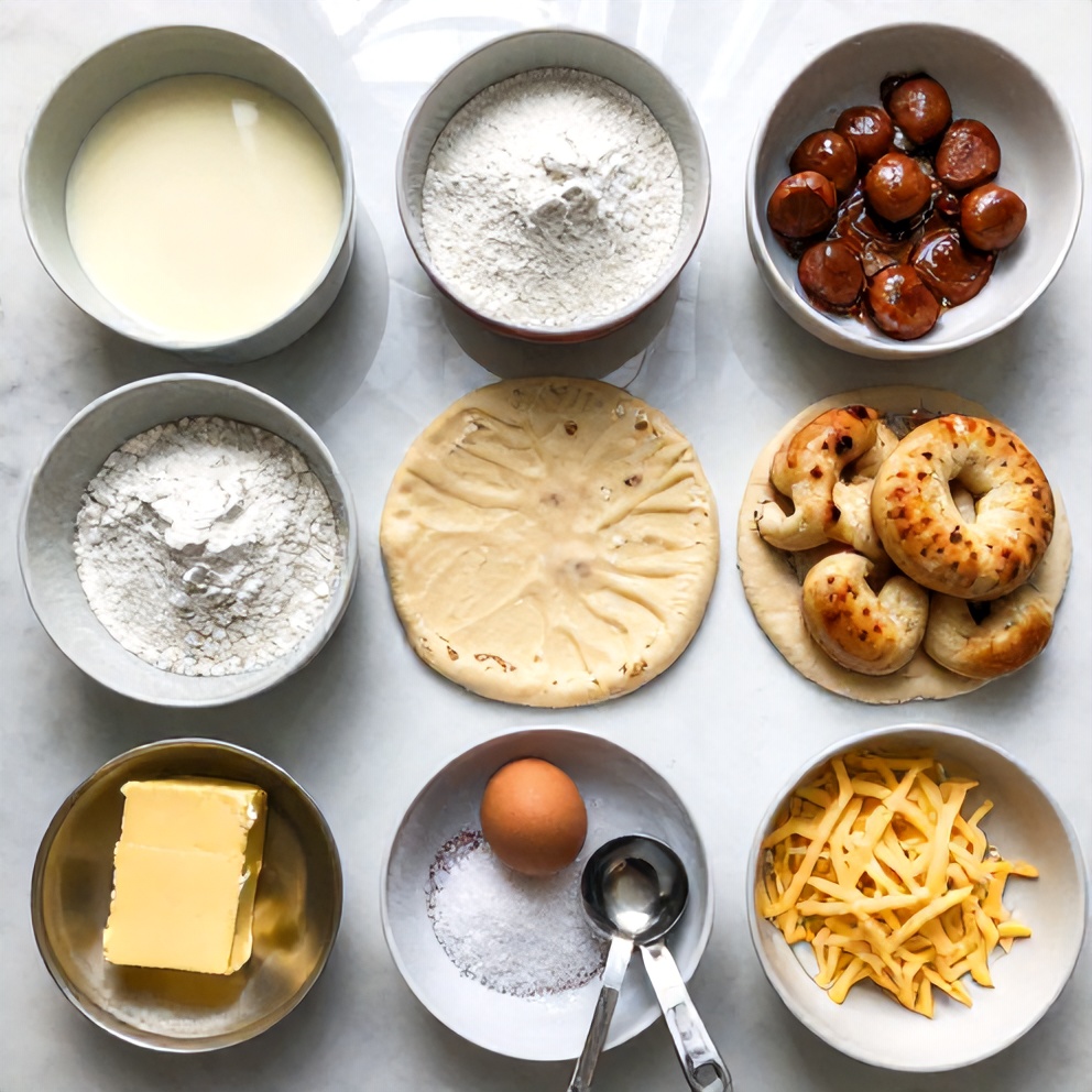 Raw ingredients for biscuits and sausage gravy breakfast pizza