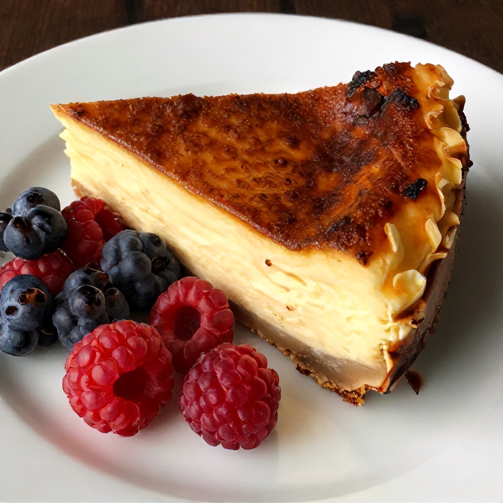 Sliced Burnt Basque Cheesecake on a plate with a side of fresh berries