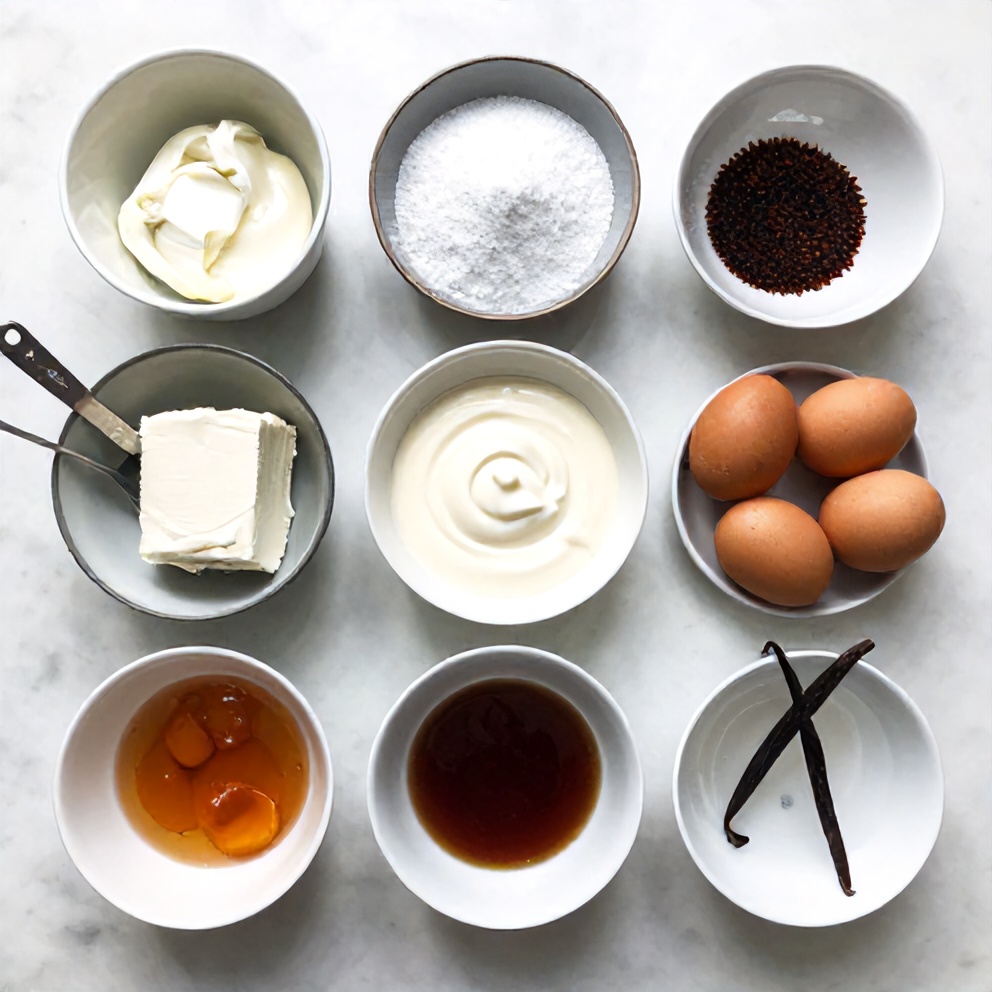 Raw ingredients for Burnt Basque Cheesecake arranged in a flat lay