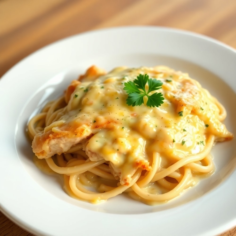 Plated serving of Chicken Tetrazzini with parsley garnish