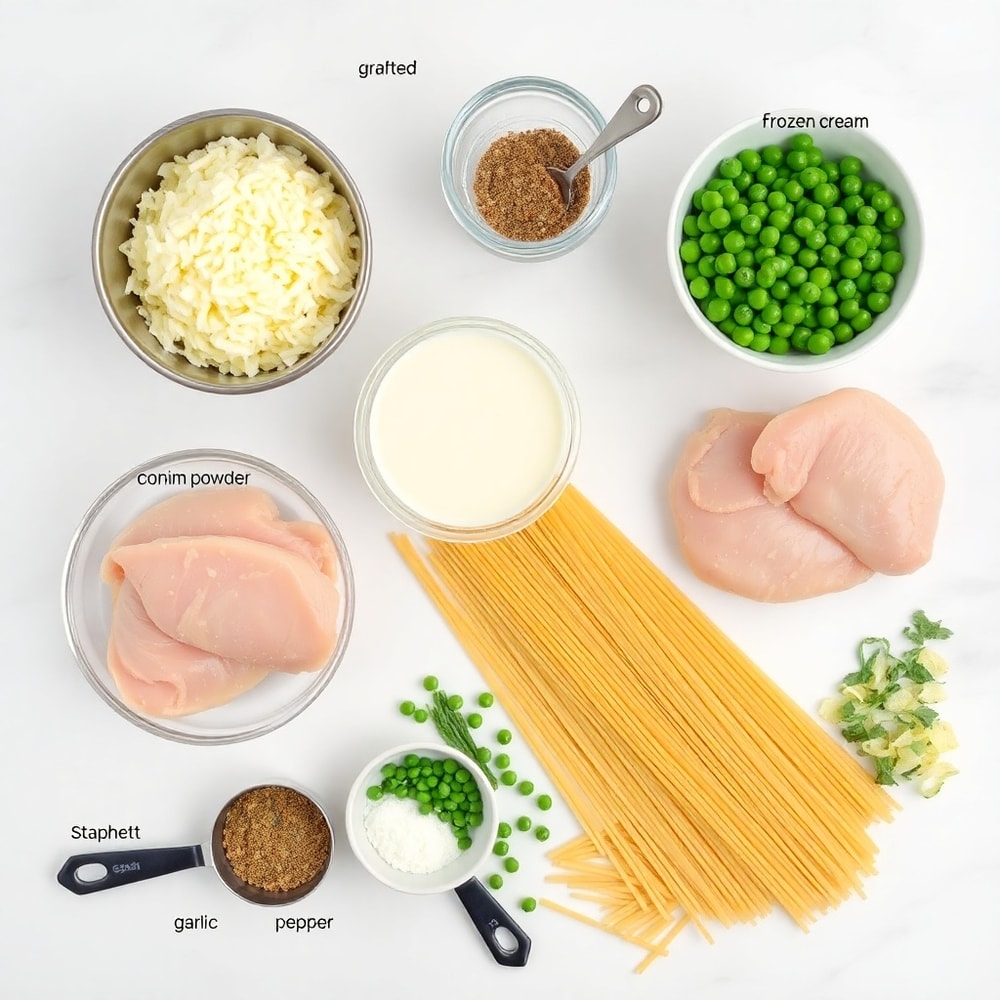 Raw ingredients for Chicken Tetrazzini in an overhead flat lay