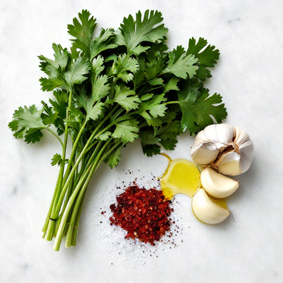 Raw ingredients for Easy Chimichurri Sauce on a marble surface