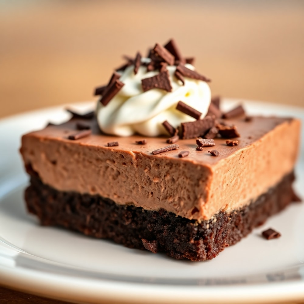 Plated Chocolate Mousse Brownie with a dollop of whipped cream