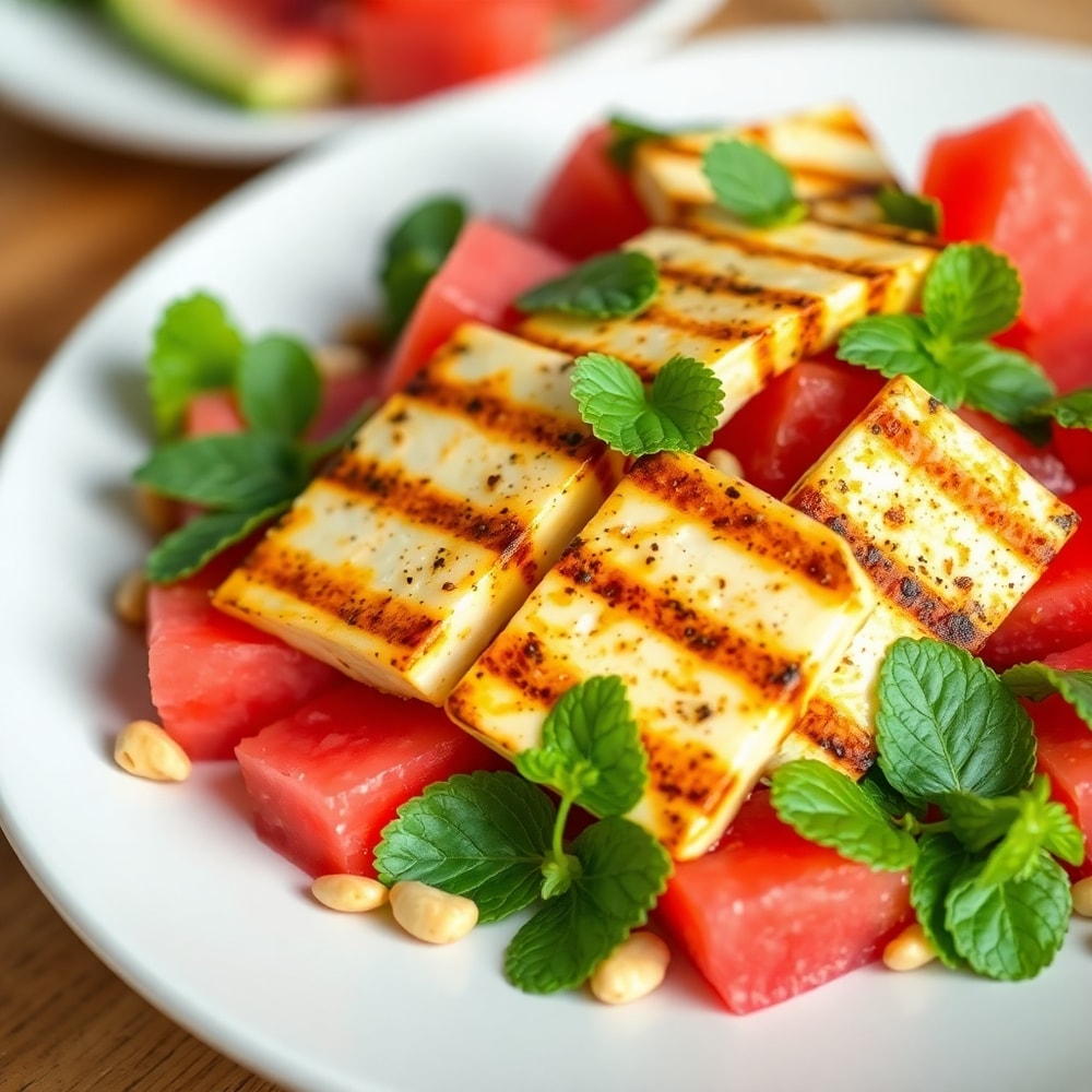 Plated Grilled Halloumi and Watermelon Salad with a lemon wedge