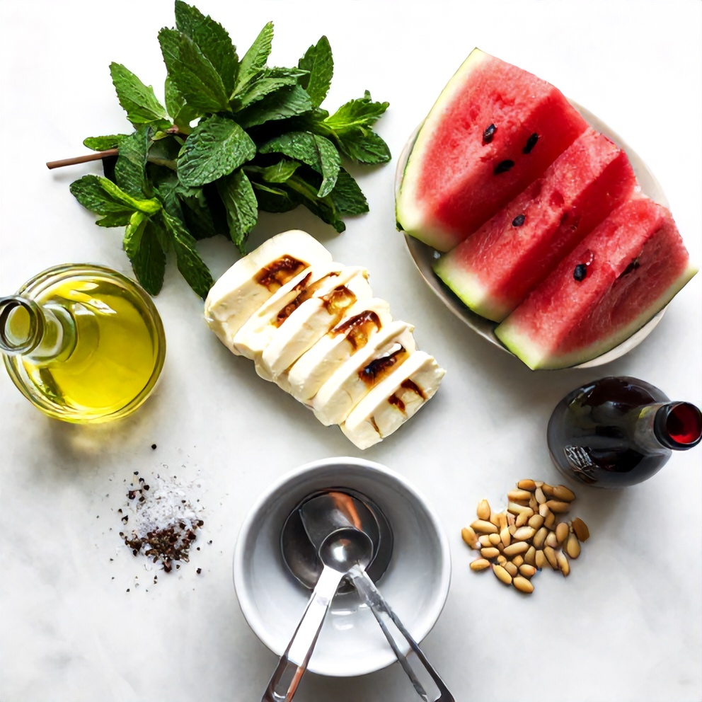 Halloumi, watermelon, mint, and other ingredients laid out on a marble surface