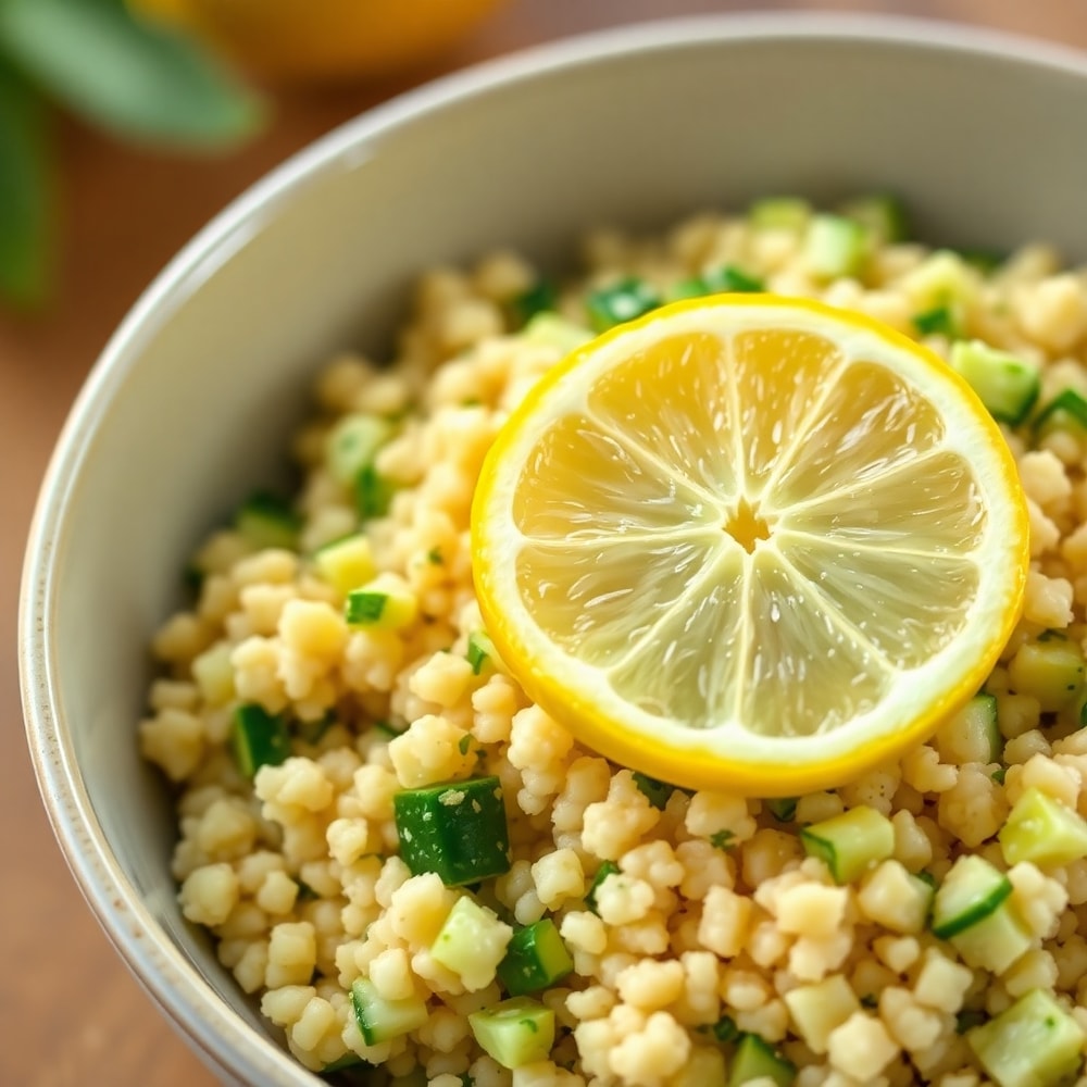 Lemon Cucumber Couscous Salad served in a bowl with a lemon slice