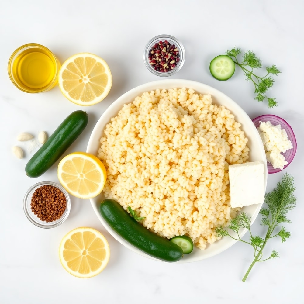 Couscous, cucumbers, lemon, and other ingredients on a marble surface