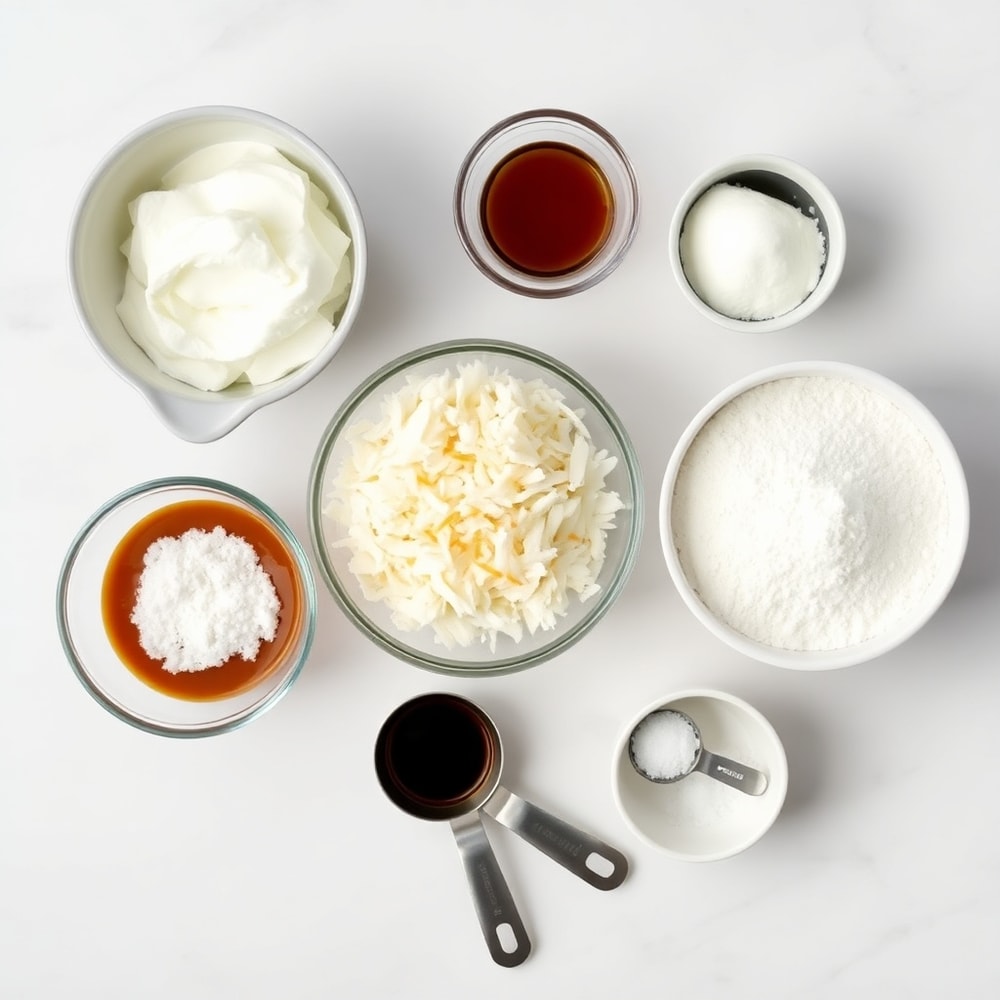 Raw ingredients for Samoa Truffles on a white marble surface
