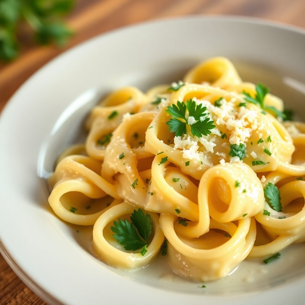 Plated serving of creamy Tortellini Carbonara with fresh parsley and grated Parmesan