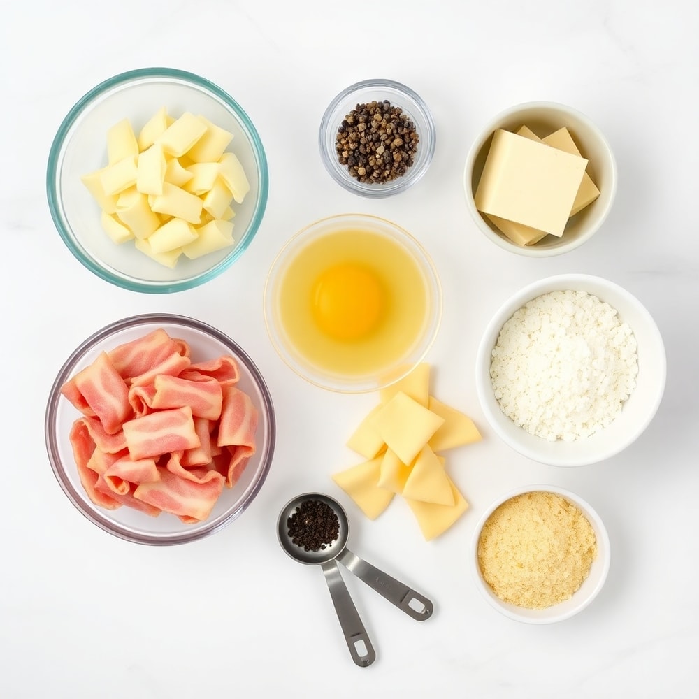 Raw ingredients for Easy Tortellini Carbonara laid out on a wooden surface