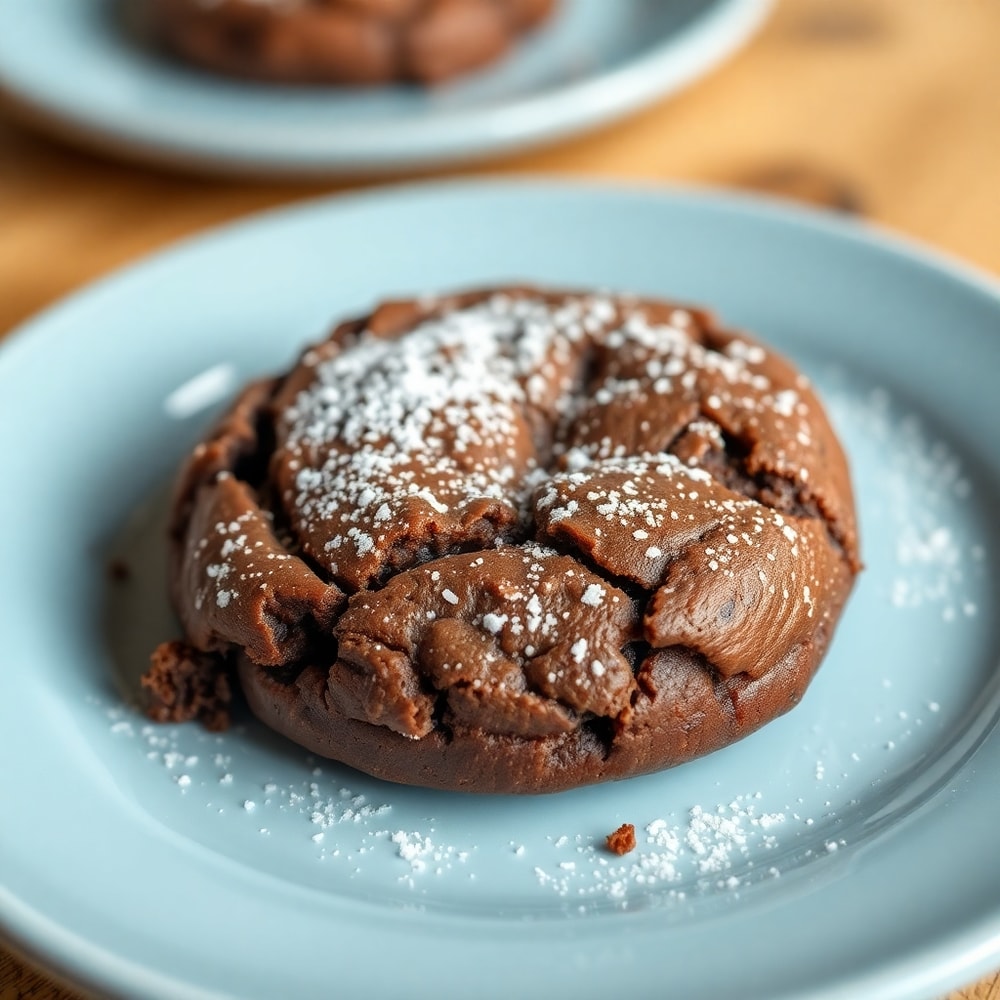 Fudgy chocolate brownie cookie on a light blue plate