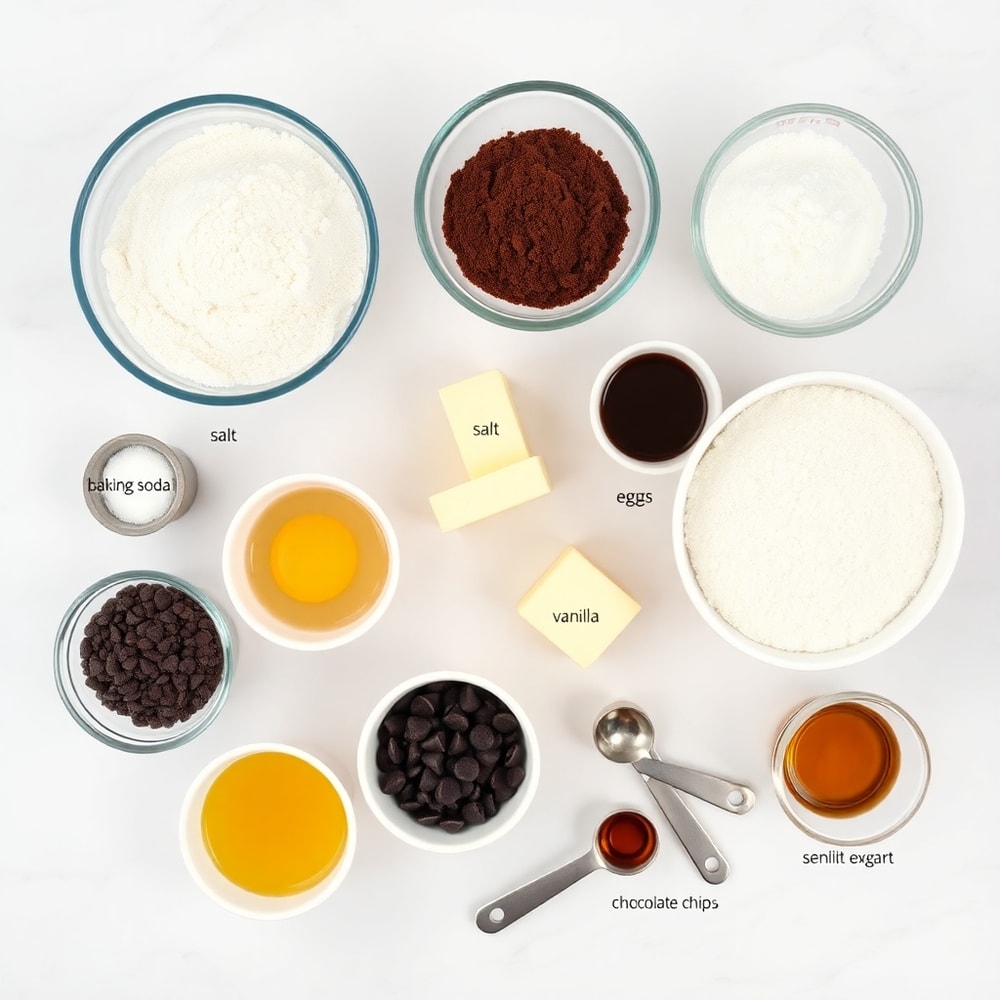 Raw ingredients for fudgy chocolate brownie cookies on a white marble surface
