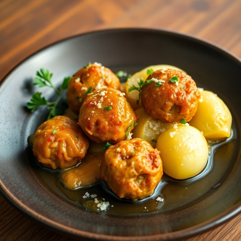 Plated garlic butter meatballs and potatoes