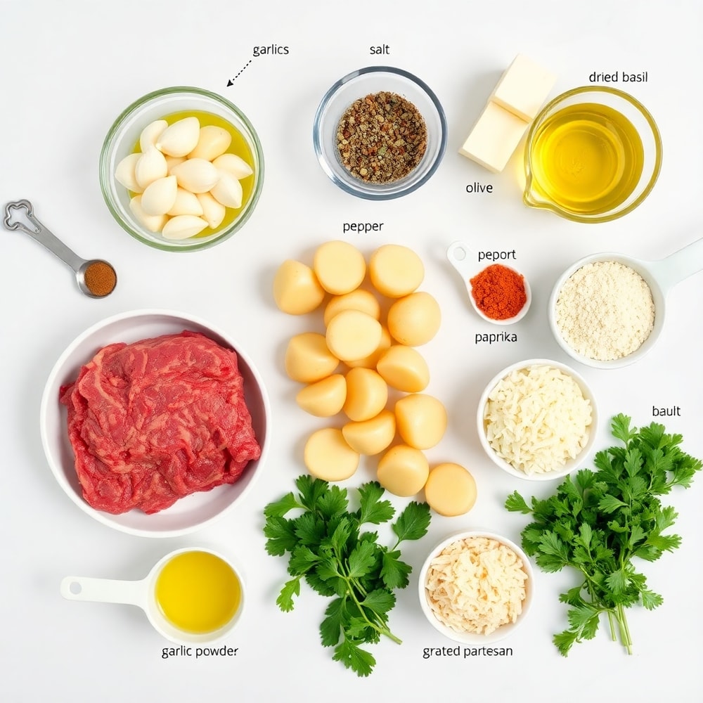 Raw ingredients for garlic butter meatballs and potatoes