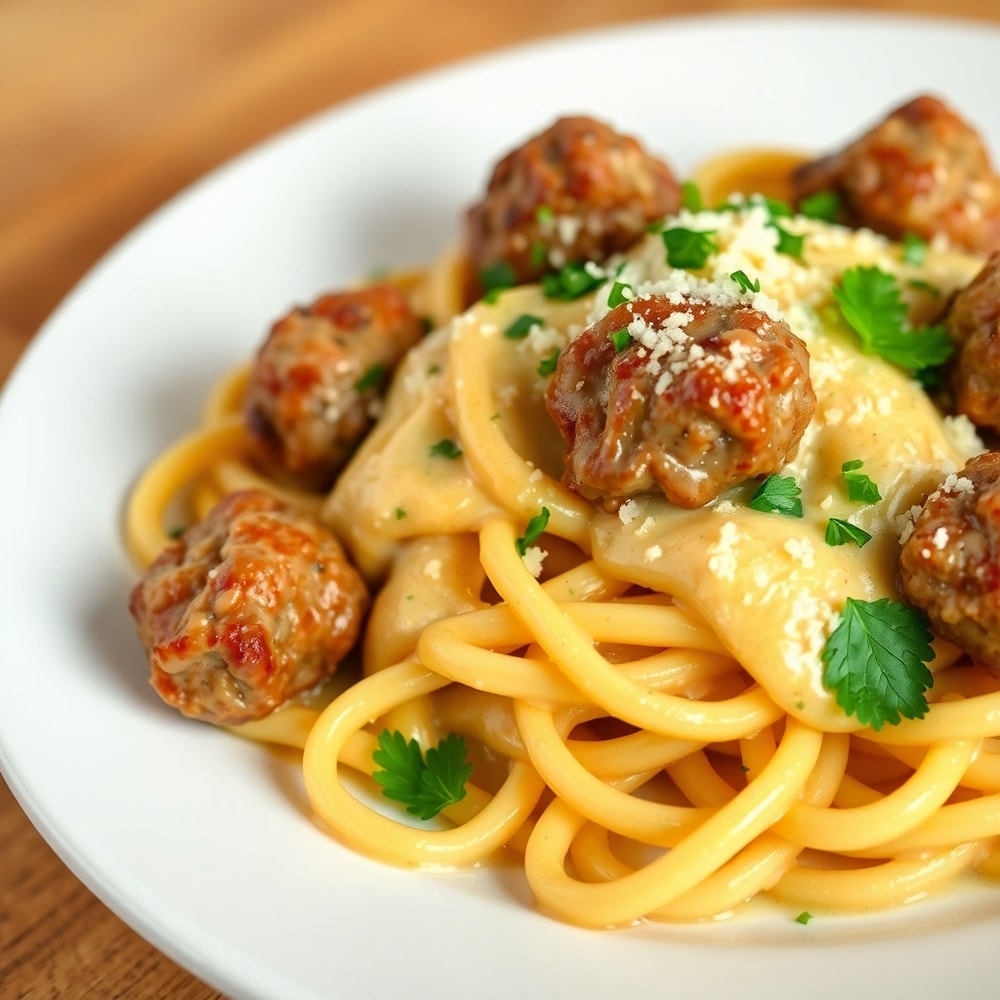 Plated Garlic Butter Steak Bites with Pasta and Parmesan Cream