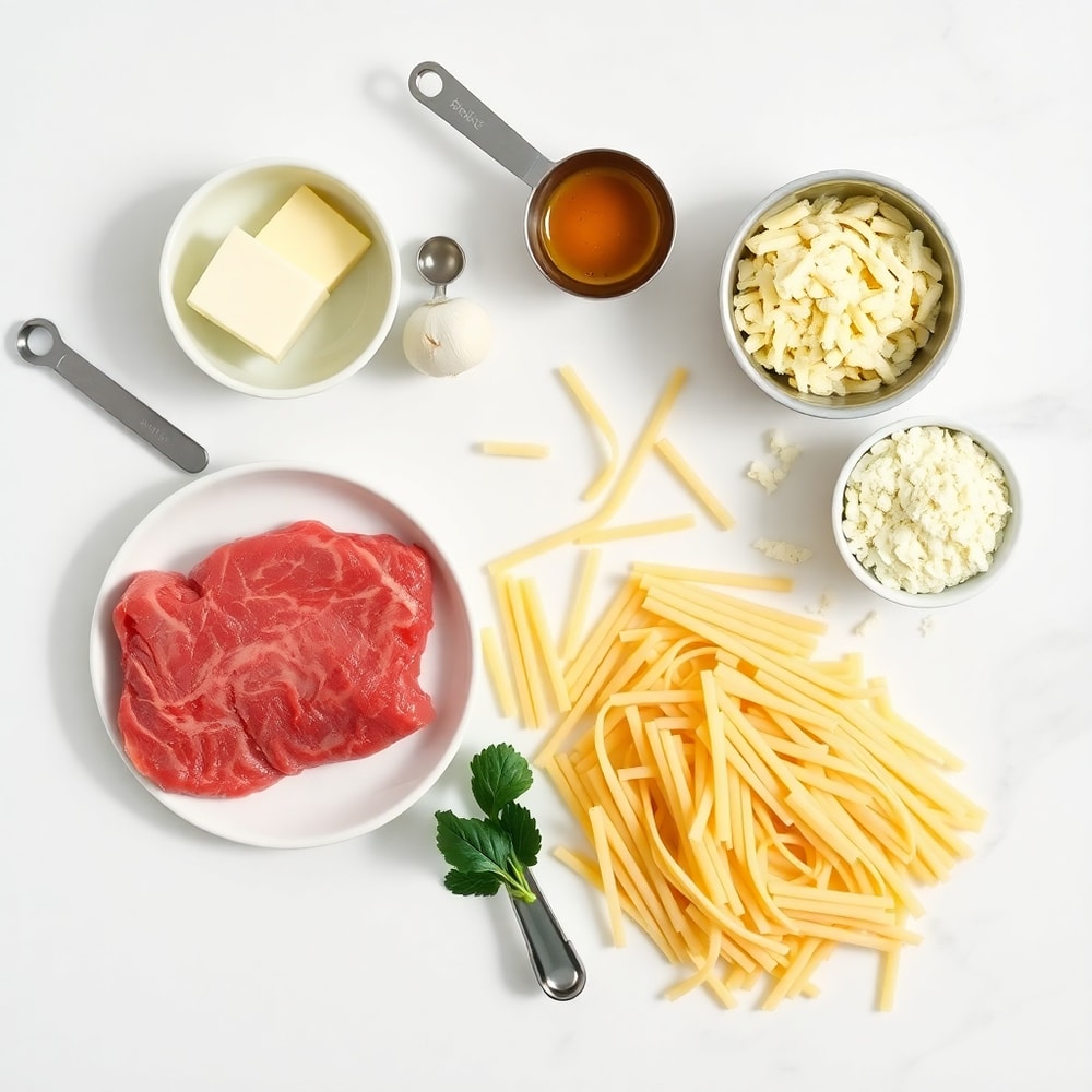 Raw ingredients for Garlic Butter Steak Bites with Pasta