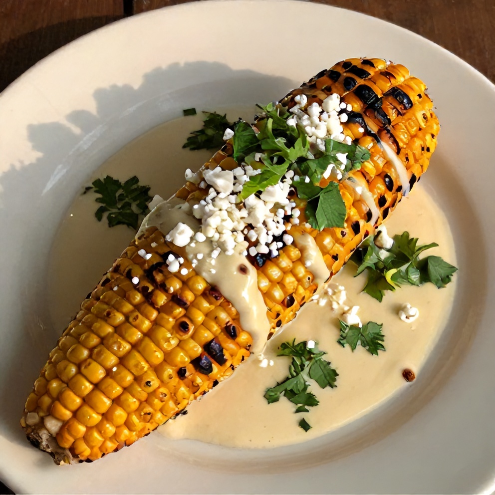 Plated grilled Mexican street corn with cotija cheese and cilantro