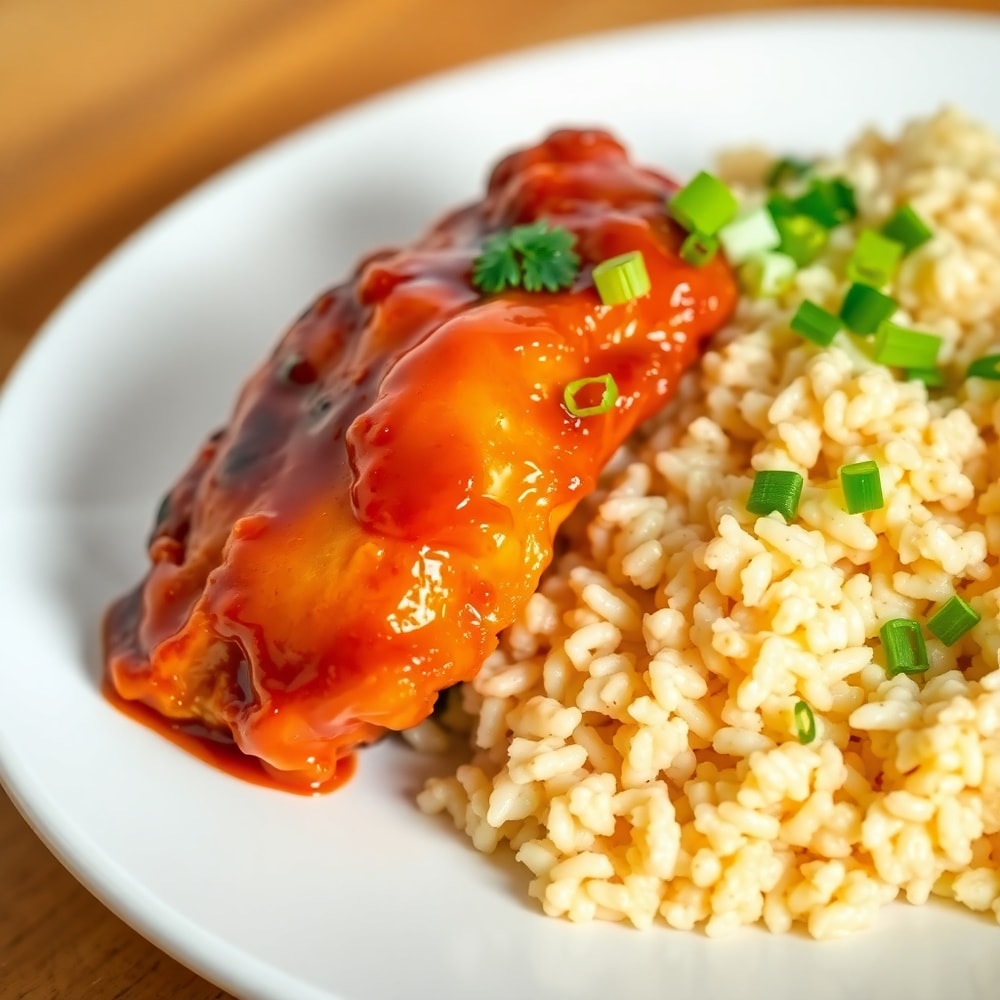 Plated serving of Honey BBQ Chicken and Rice