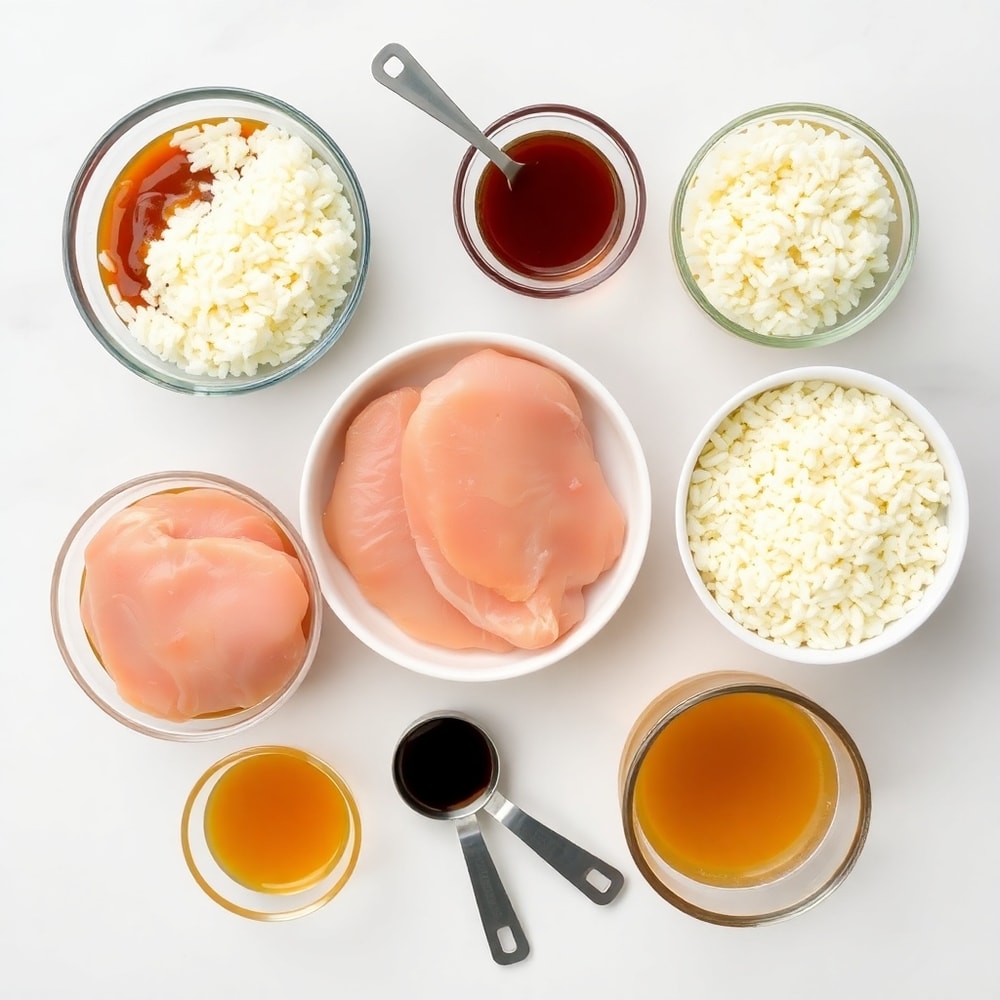 Raw ingredients for Honey BBQ Chicken and Rice laid out