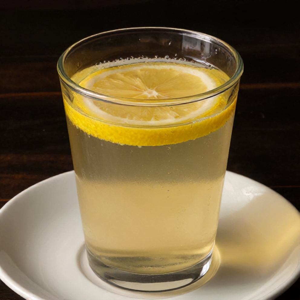 Glass of lemon ginger water with a lemon slice