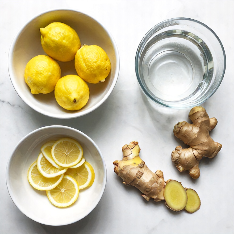 Lemon, ginger, and water on a wooden surface