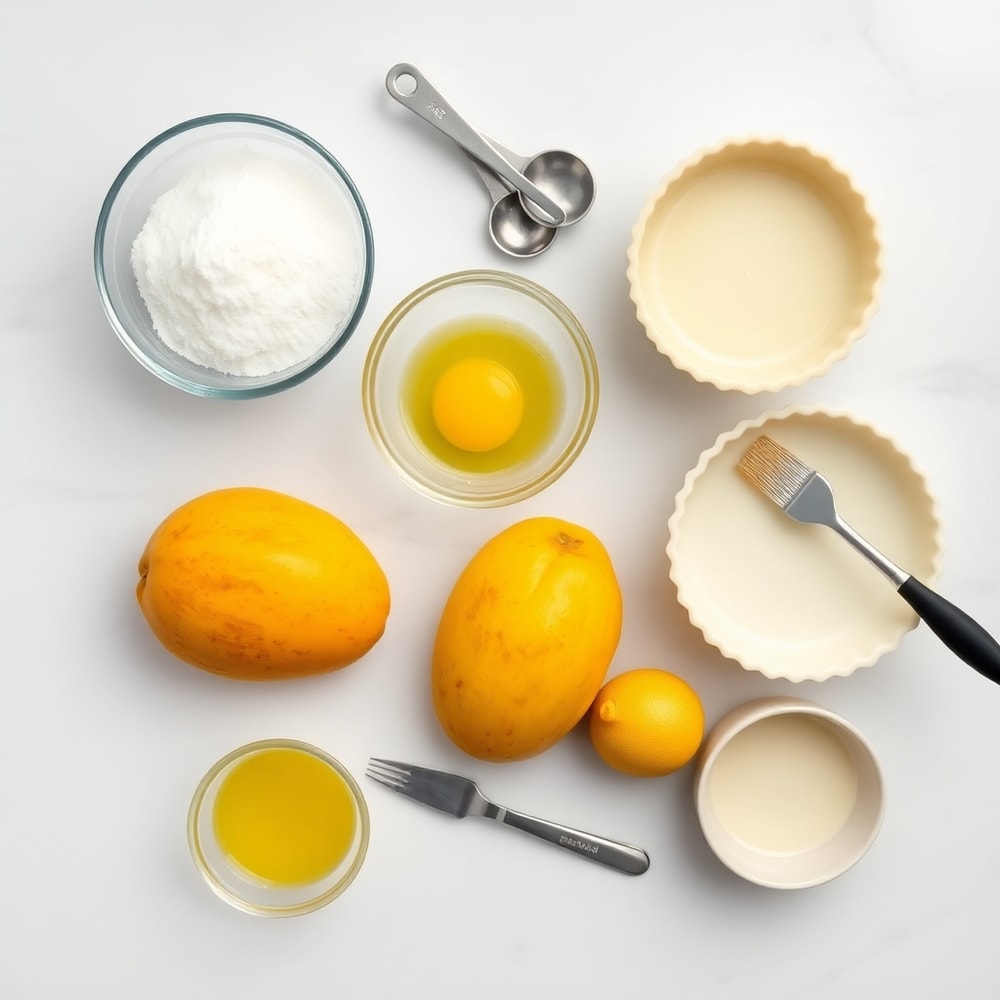 Raw ingredients for Mango Curd Tart on a white marble surface