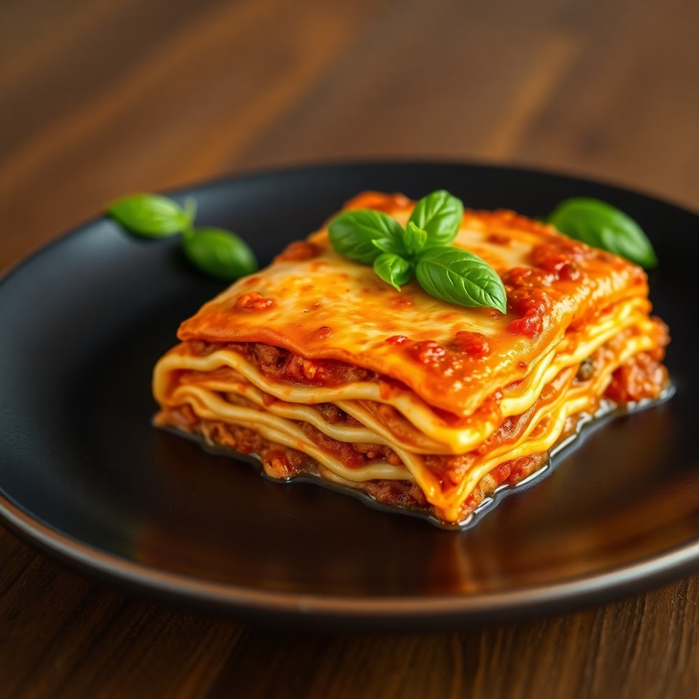 Plated serving of Million Dollar Lasagna with fresh basil