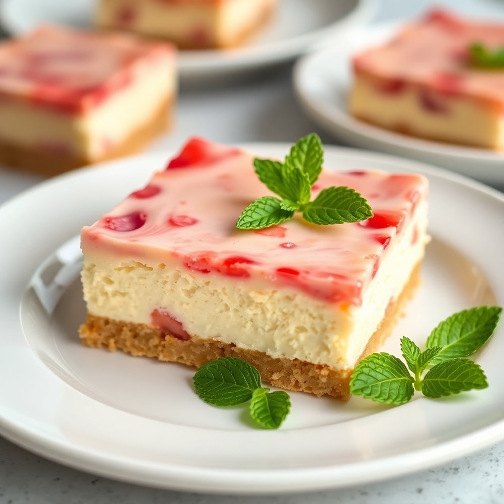 A perfect serving of No Bake Rhubarb Cheesecake Squares on a white plate