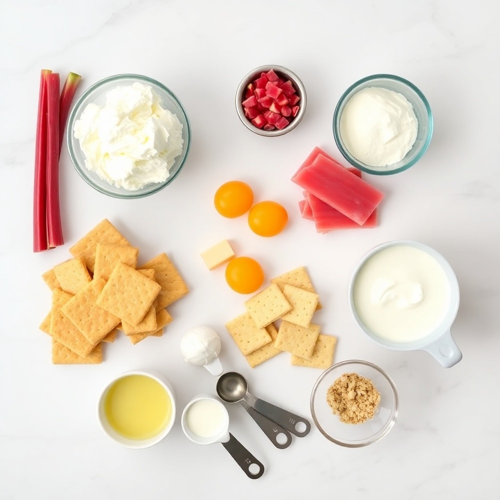 Graham crackers, cream cheese, sugar, eggs, rhubarb, and other ingredients laid out on a white marble surface