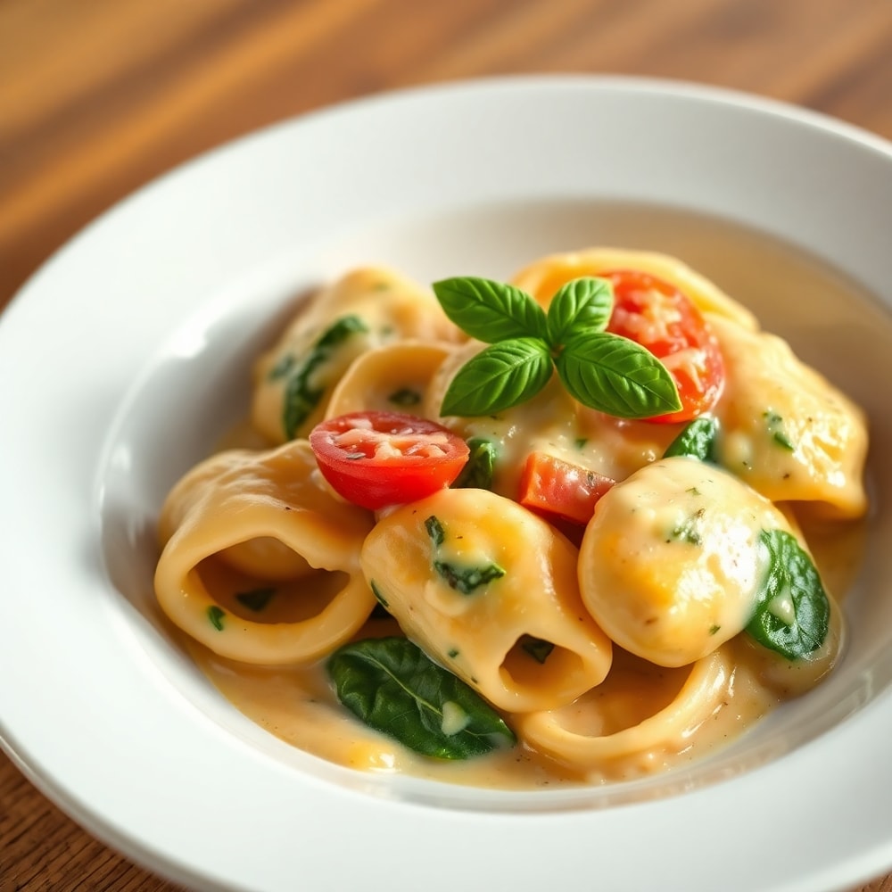 Plated Creamy Spinach Tomato Tortellini with basil garnish
