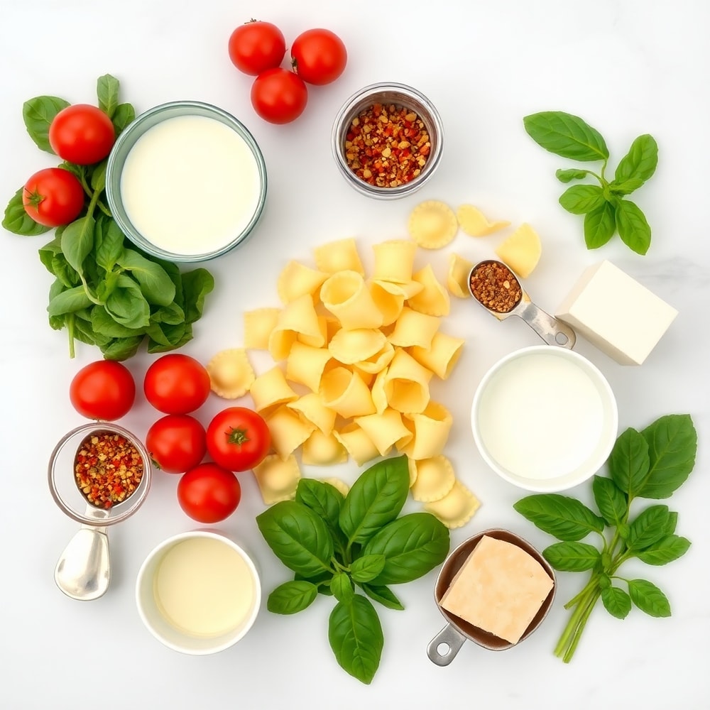 Raw ingredients for Creamy Spinach Tomato Tortellini