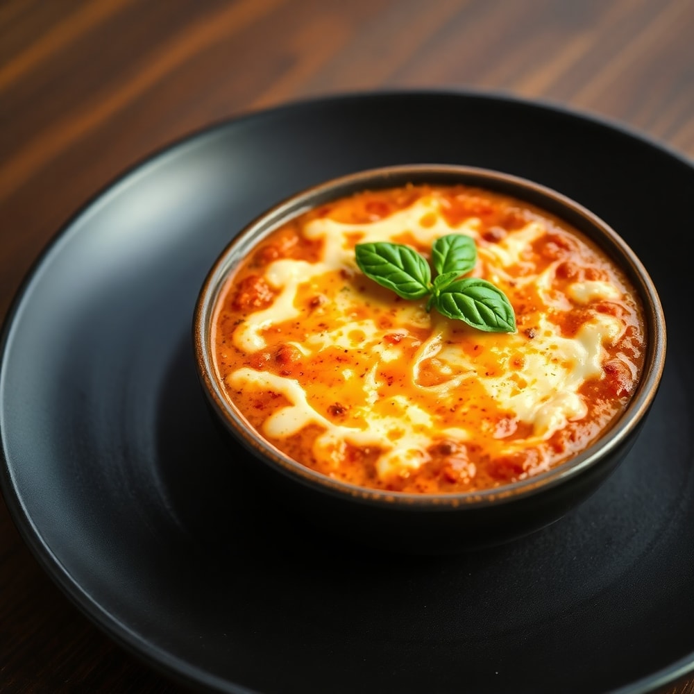 Paleo Pizza Soup served in a bowl, golden cheese topping, garnished with fresh basil