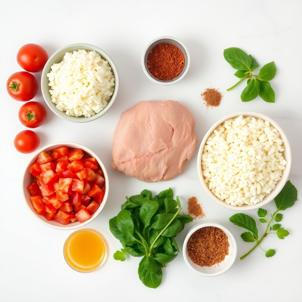 Raw ingredients for Paleo Pizza Soup - ground turkey, diced tomatoes, spinach, cauliflower rice, coconut milk, and spices