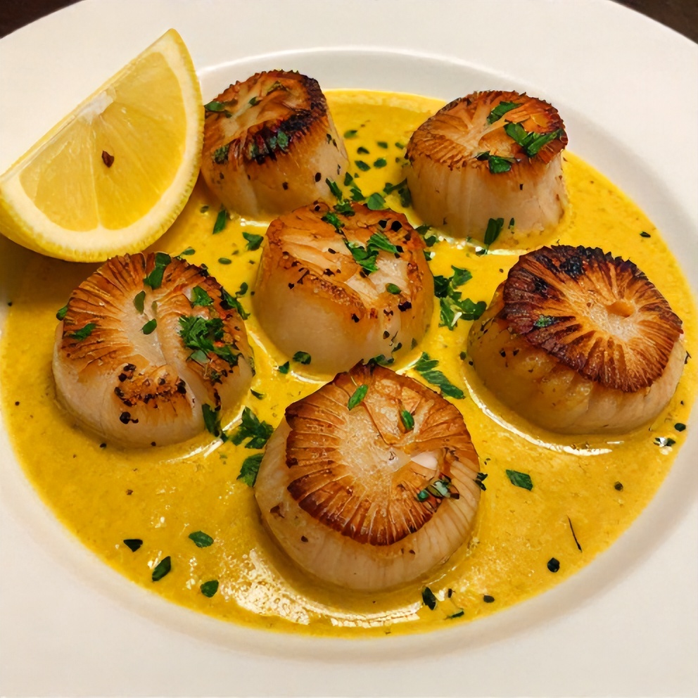 Plated Cajun Scallops with Creamy Mustard Sauce