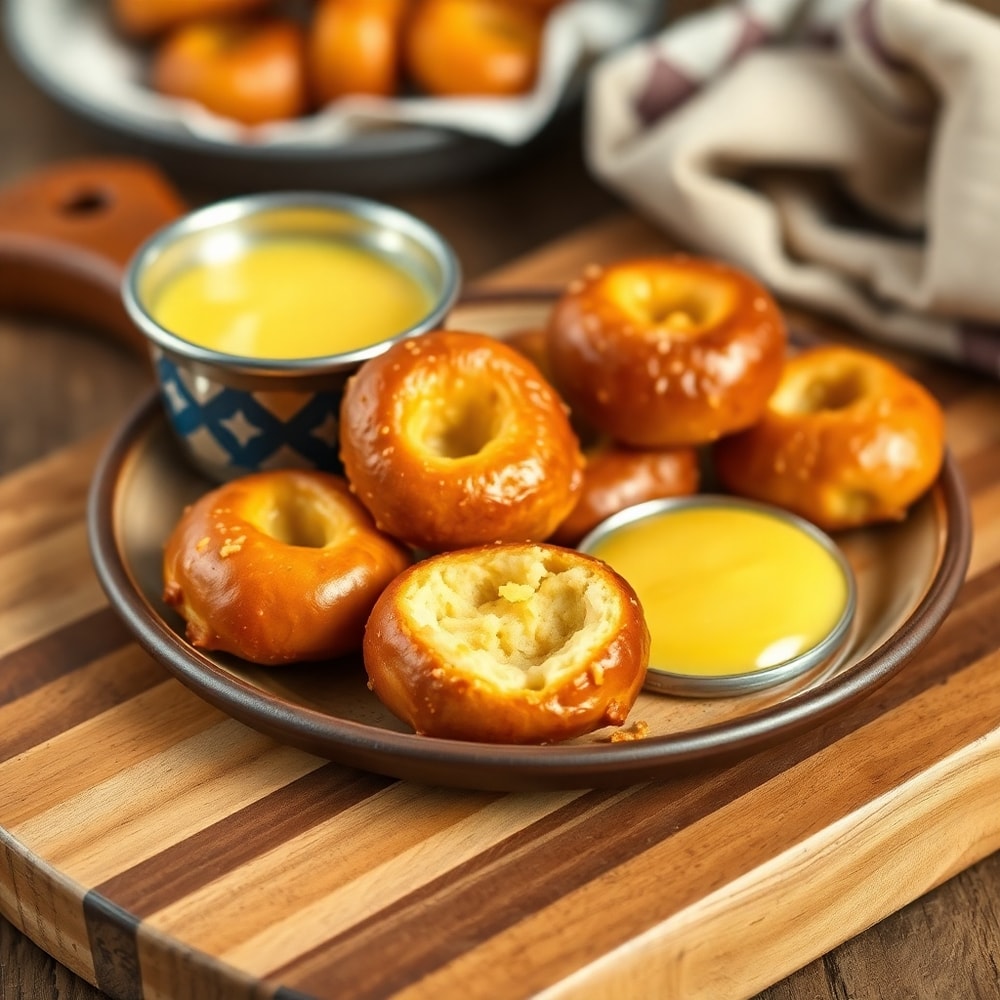 Soft Pretzel Bites on a wooden board with melted butter